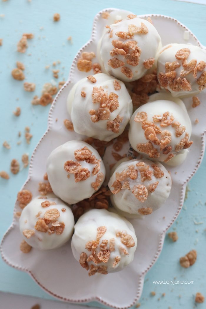 Easy White Chocolate Cinnamon Truffles, so yummy! Make in less than 20 minutes, tastes like a snickerdoodle with the Cinnamon Pebbles cereal mixed in. Mmm!