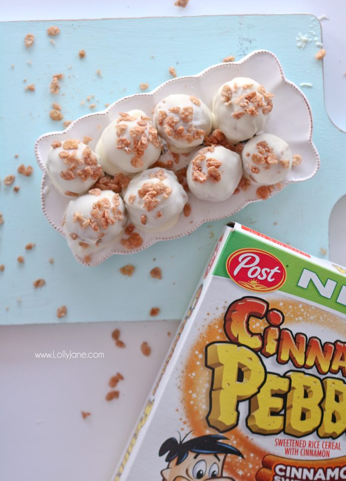 Easy White Chocolate Cinnamon Truffles, so yummy! Make in less than 20 minutes, tastes like a snickerdoodle with the Cinnamon Pebbles cereal mixed in. Mmm!