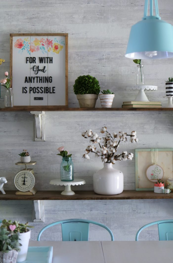 How to Style Farmhouse Shelves. Love this bright space, click for the easy DIY to make your own!