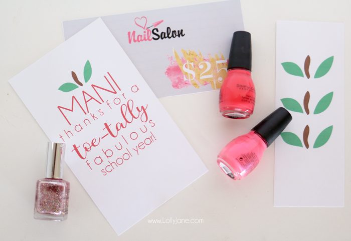 Cute Teacher Appreciation "Mani Thanks" gift tag, just print and pair with a nail salon gift certificate or with nail polish!