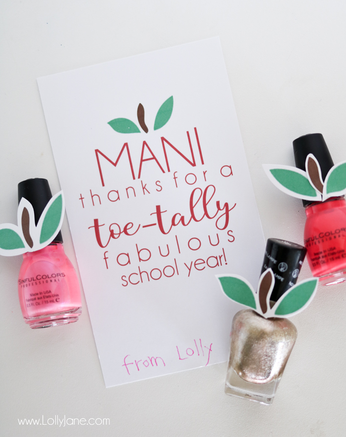 Cute Teacher Appreciation "Mani Thanks" gift tag, just print and pair with a nail salon gift certificate or with nail polish!