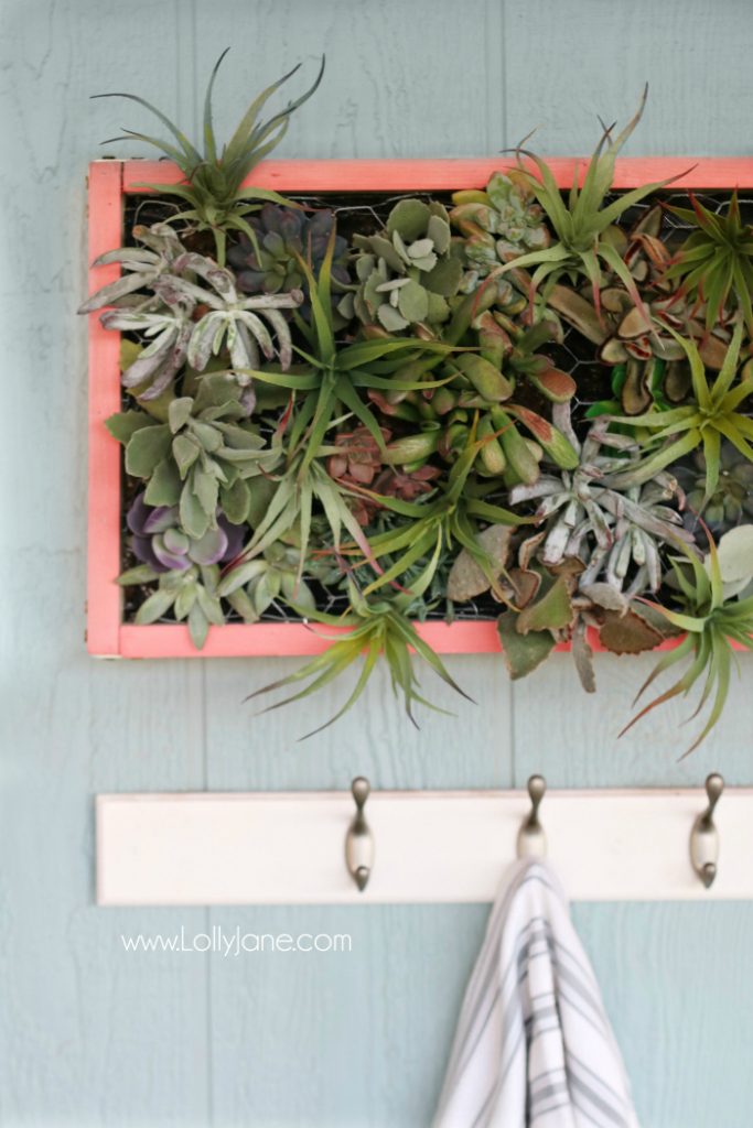 DIY vertical succulent garden | Learn how to build this DIY vertical succulent garden. Cute outdoor porch decor! Great outdoor wall decor idea, get the hanging plants onto the wall!