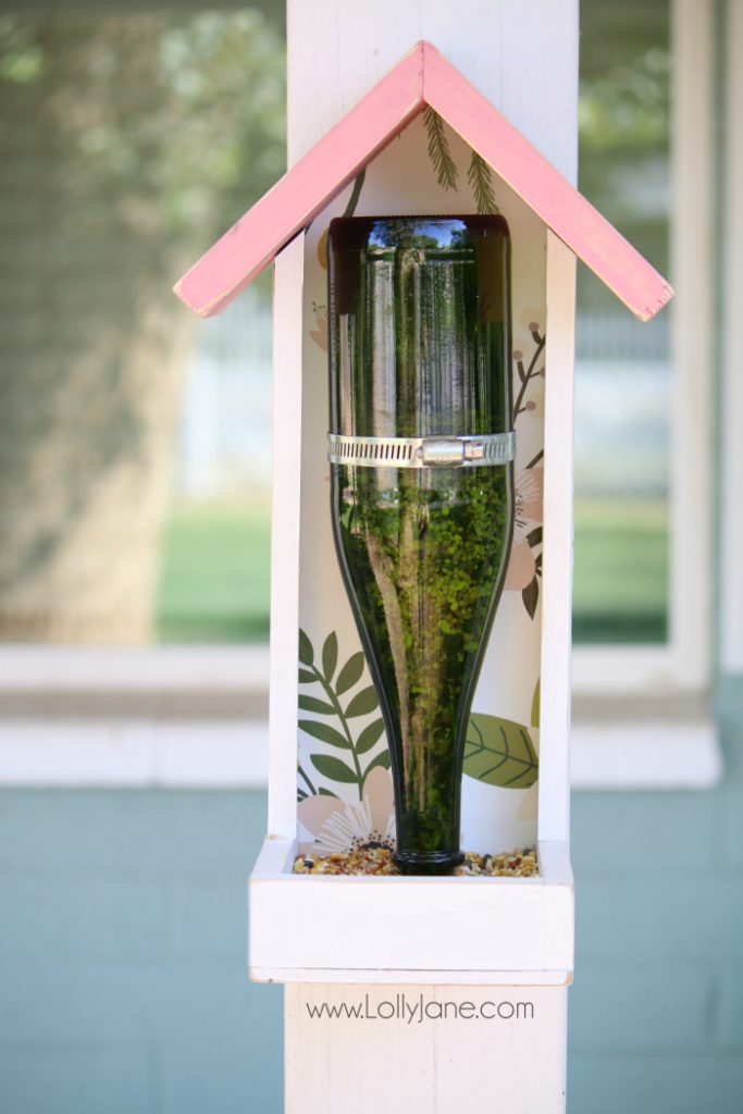 DIY Bird Feeder Glass Bottle Upcycle | How to make a bird feeder from a glass bottle. Easy to follow plans for a diy bird feeder. Love this wood bird feeder step by step tutorial using a Martinelli bottle! Great upcucle idea!