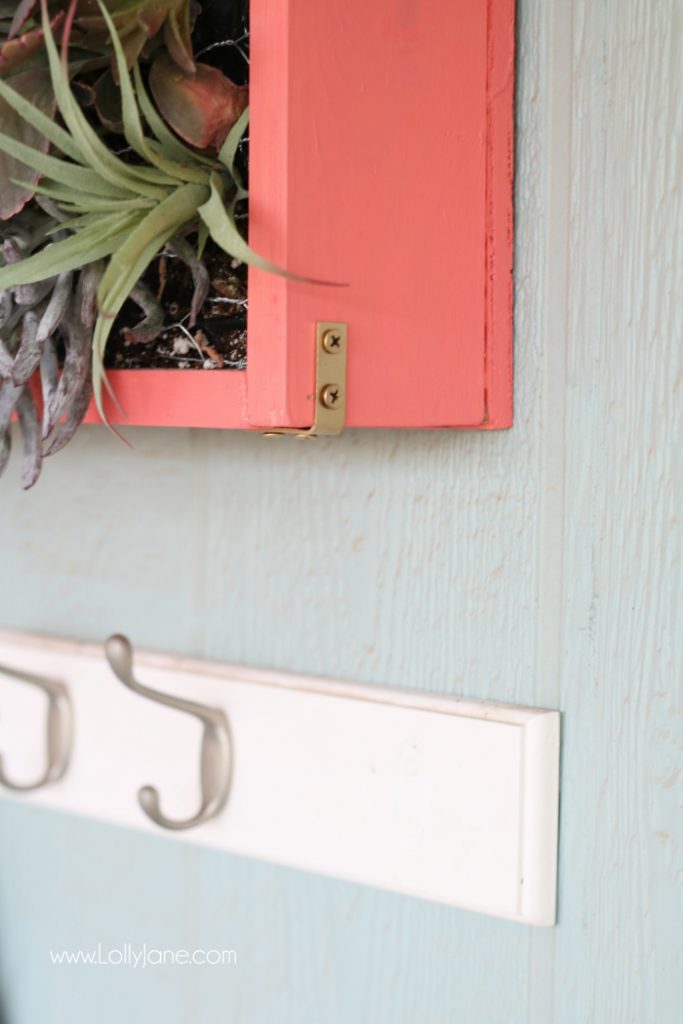 DIY vertical succulent garden | Learn how to build this DIY vertical succulent garden. Cute outdoor porch decor! Great outdoor wall decor idea, get the hanging plants onto the wall!