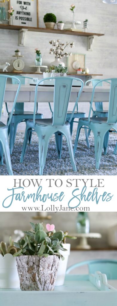 How to Style Farmhouse Shelves. Love this bright space, click for the easy DIY to make your own!