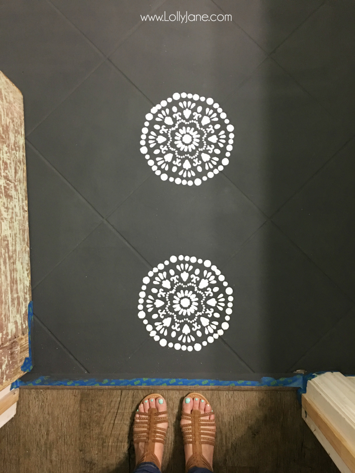 Super affordable bathroom floor makeover solution: how to chalk paint tile floors! So glad I painted my bathroom floors, they look amazing and we spent less than $50! Love this bathroom floor makeover!