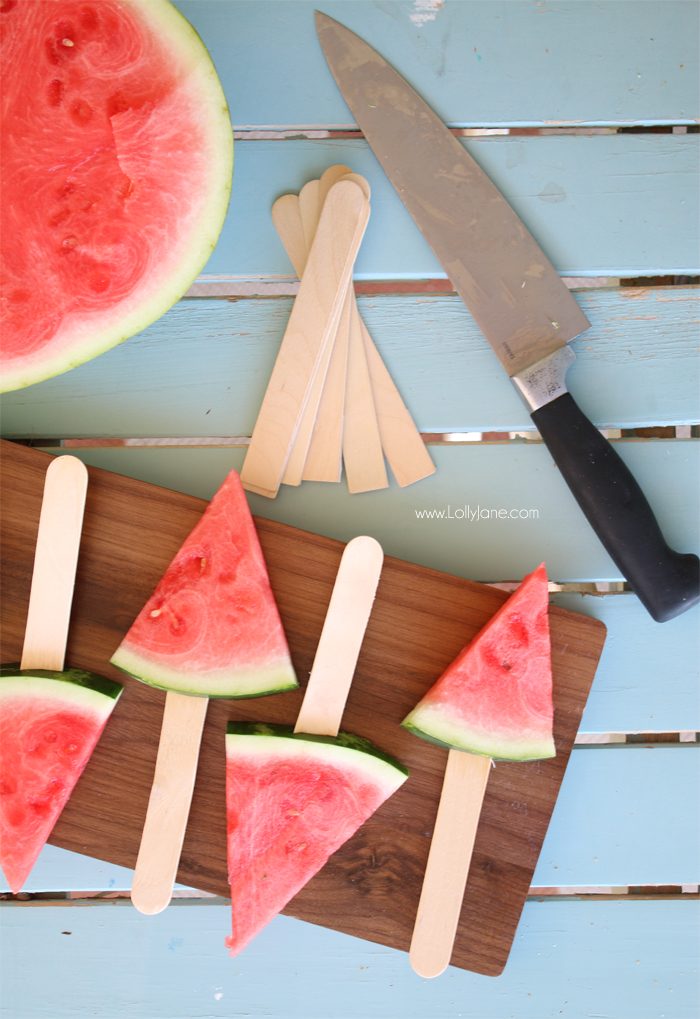 Easy BBQ Hack: Slice watermelon in triangles + slide large craft stick for easy grabbing! Kids love it!