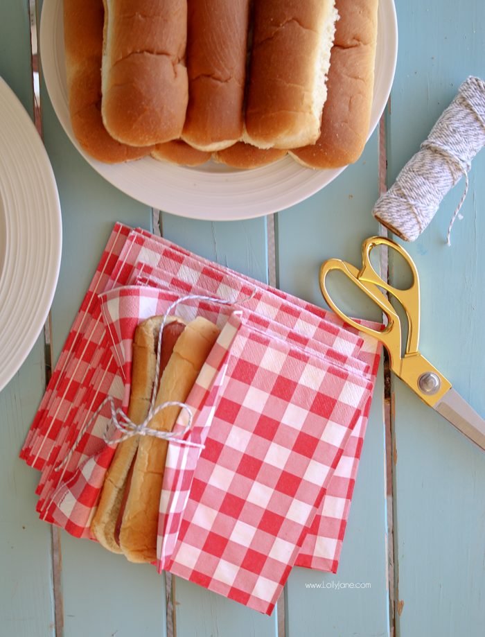 Easy BBQ or Party Hack: Wrap hot dog in bun and tie napkin around for easy grabbing! No plate required!