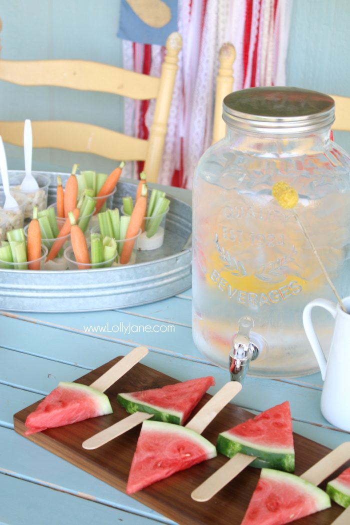 Easy BBQ Hack: Slice watermelon in triangles + slide large craft stick for easy grabbing! Kids love it!