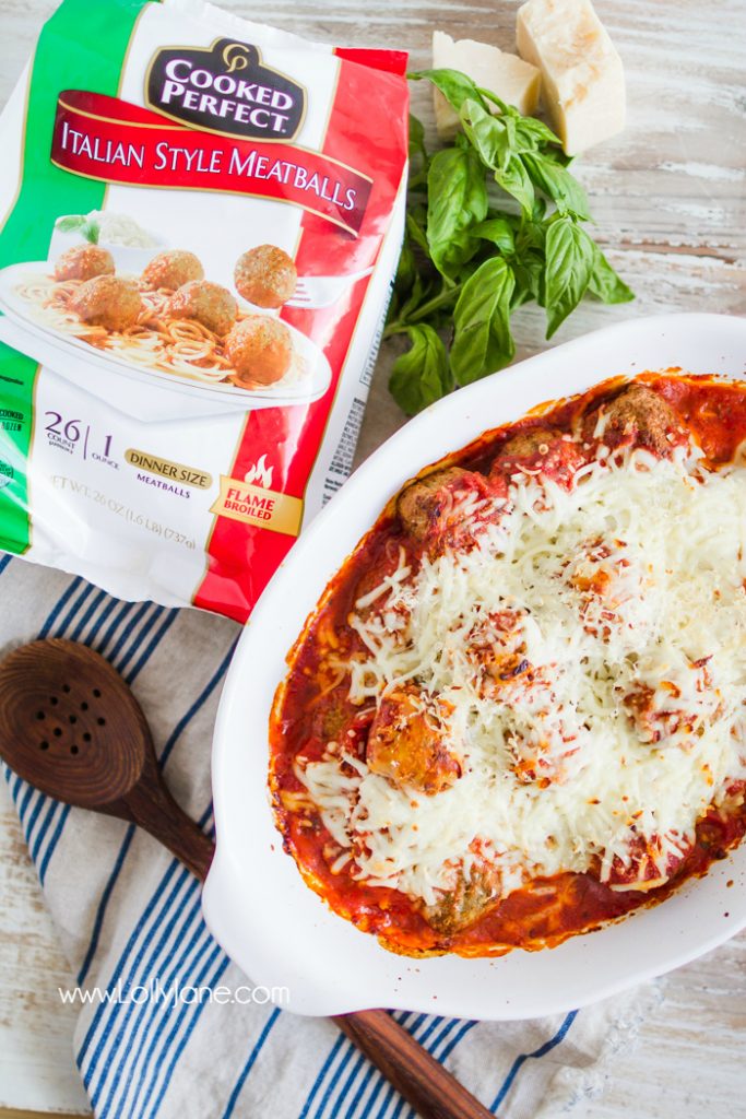 Easy Meatball Parmesan Casserole Recipe..only 3 steps to make this cheesy meatball dinner. A favorite family dinner recipe, so yummy!