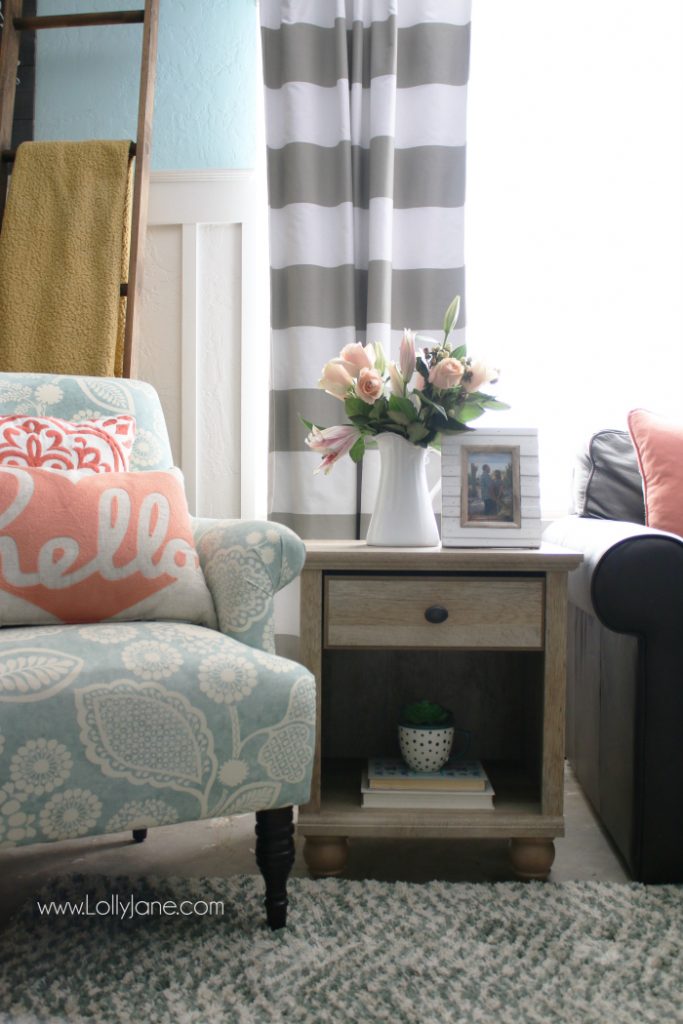 Tips to freshen up your family room! Love this colorful farmhouse family room! Shop affordable home decor and trendy goods from BHG's Live Better line. Cute family room refresh!