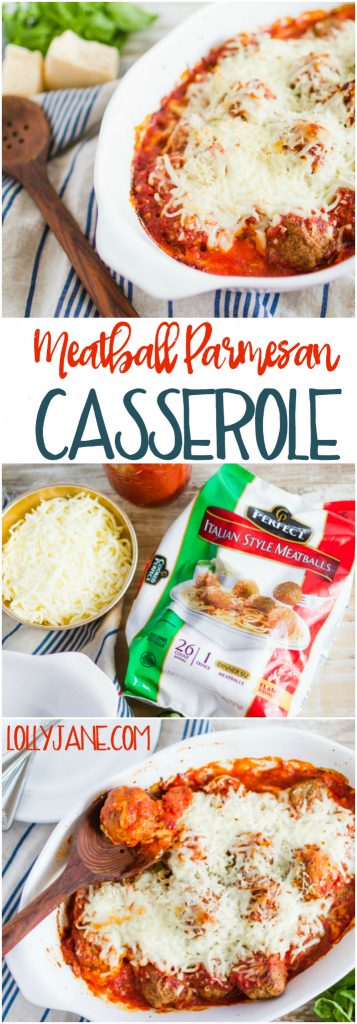 Holy EASY dinner idea with a hanful of ingredients! I love a good shortcut recipe! Such a yummy meatball parmesan casserole dish!