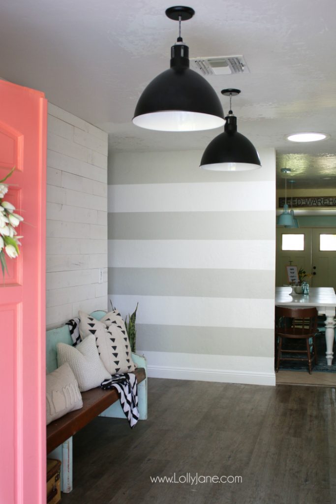 DIY Striped Accent Wall | I love this gray and white striped wall, such an easy tutorial on how to stripe walls with straight lines and no bleeding or touch ups! Adore this gray white home decor, such a cute accent wall!