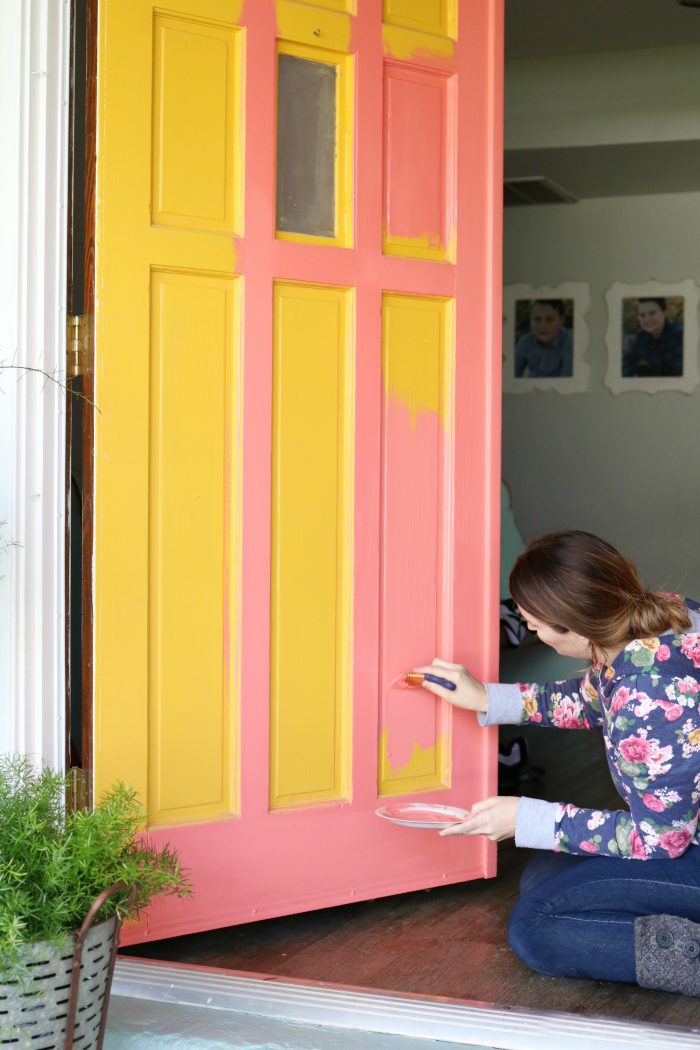 Loving these bright front doors! So easy to make a statement with bold front door paint choices using @decoart's Curb Appeal paint. Such cheery front doors on a colorful porch. Cute outdoor decor ideas!