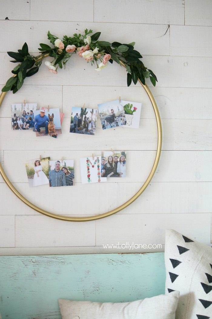 DIY Hula Hoop Photo Display | Check out this easy hula hoop photo display idea! Such a creative way to display pictures with unique items!