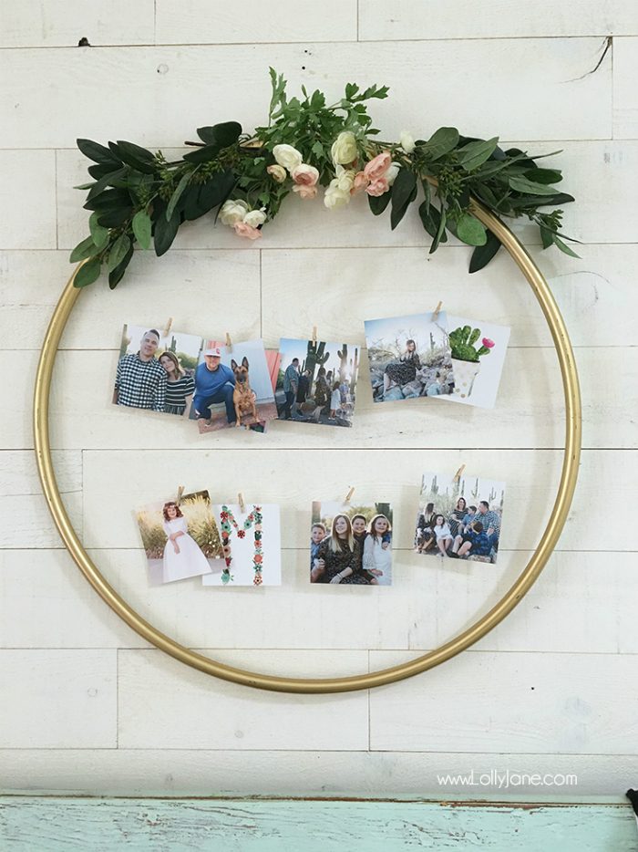 DIY Hula Hoop Photo Display | Check out this easy hula hoop photo display idea! Such a creative way to display pictures with unique items!