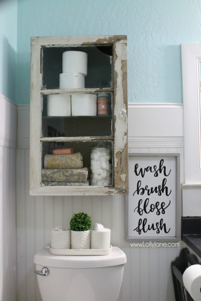 Rustic bathroom makeover! Love this diy cabinet install, so easy and super creative!