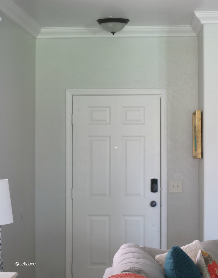 Love this entryway makeover... removed the "boobie" light, painted the door, and more!