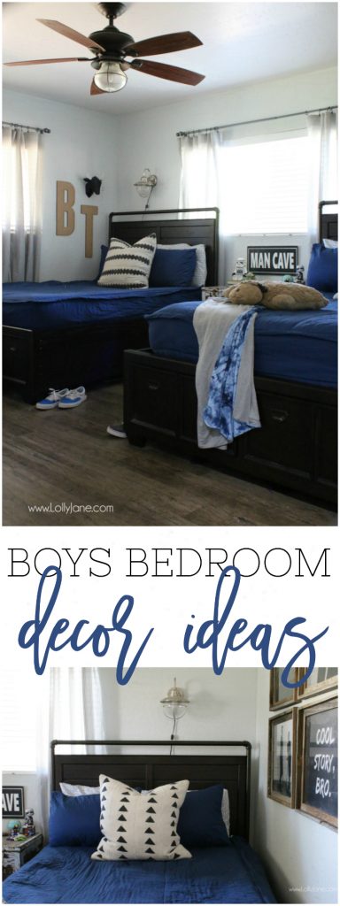 Check out these shared boys bedroom decor ideas! Loving these Beddy's Bedding in Nautical Navy. Great space saving boys shared bedroom ideas.