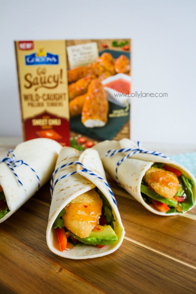 These Gorton's Go Saucy dinners are the perfect fast dinner idea! Just add these yummy fish tenders into a wrap and stuff with your favorite veggies! The sweet chili sauce is super yummy, a kids favorite dinner idea!