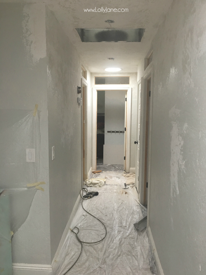 Drywalling and texturing this old farmhouse hallway. The after is stunning!!