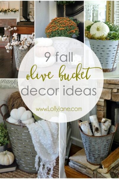 Check out 9 different ways to to decorate for fall using olive buckets! Fill pretty olive buckets with pumpkins + greenery for an easy way to welcome fall!