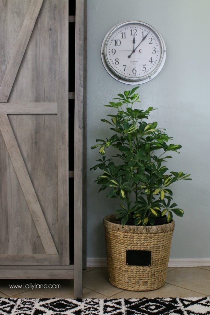 How to accessorize a laundry room. Love this farmhouse decor with plants in basket and a modern farmhouse clock.