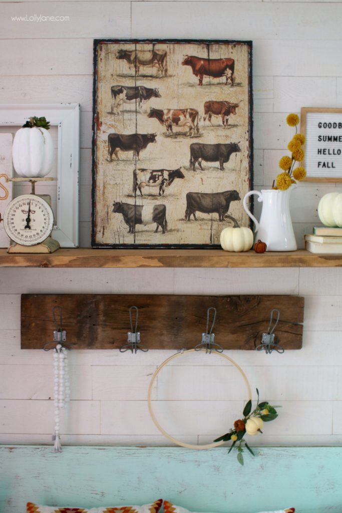 This fall mantel is the perfect way to welcome guests and gets this colorful farmhouse in the fall spirit!