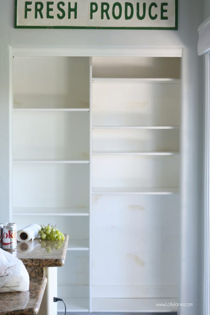 Easy pantry faux wallpaper makeover - Click to see the "AFTER" of this space, transformed in just minutes with shelf paper liner as DIY wallpaper!