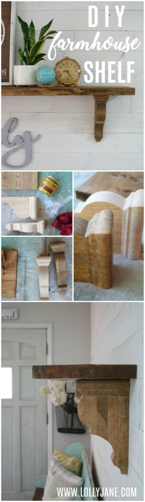 Learn how easy it is to make these diy farmhouse shelves! So dang cute and so dang simple! Get the step by step to make this easy rustic shelf, love the wood corbels!