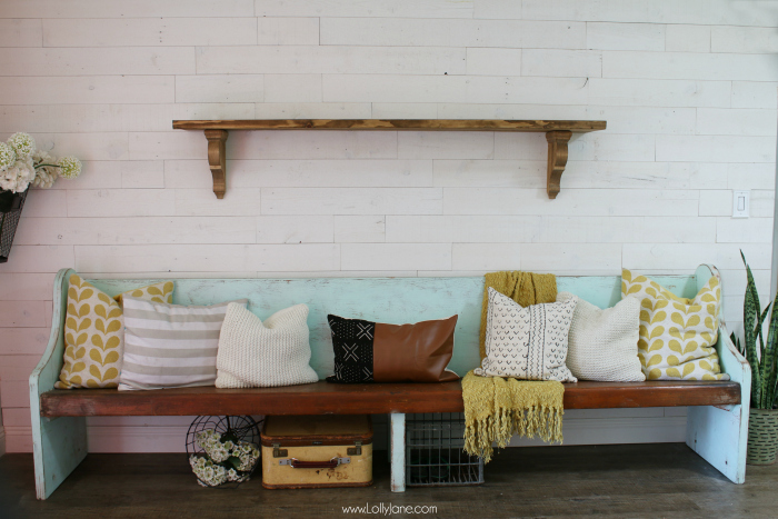 Follow this simple tutorial to make this farmhouse shelf! Such an easy step by step to make a rustic shelf!