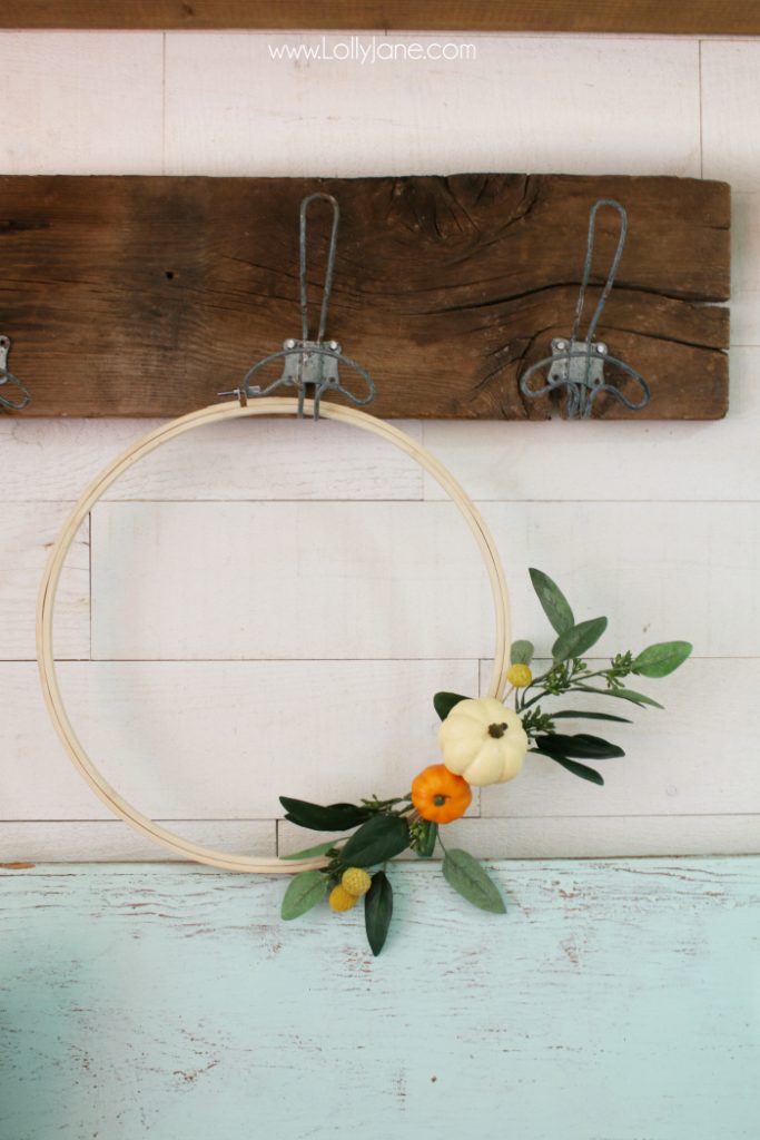 Love this easy fall hoop art! Such an inexpensive fall wreath idea! Love this easy fall decor!