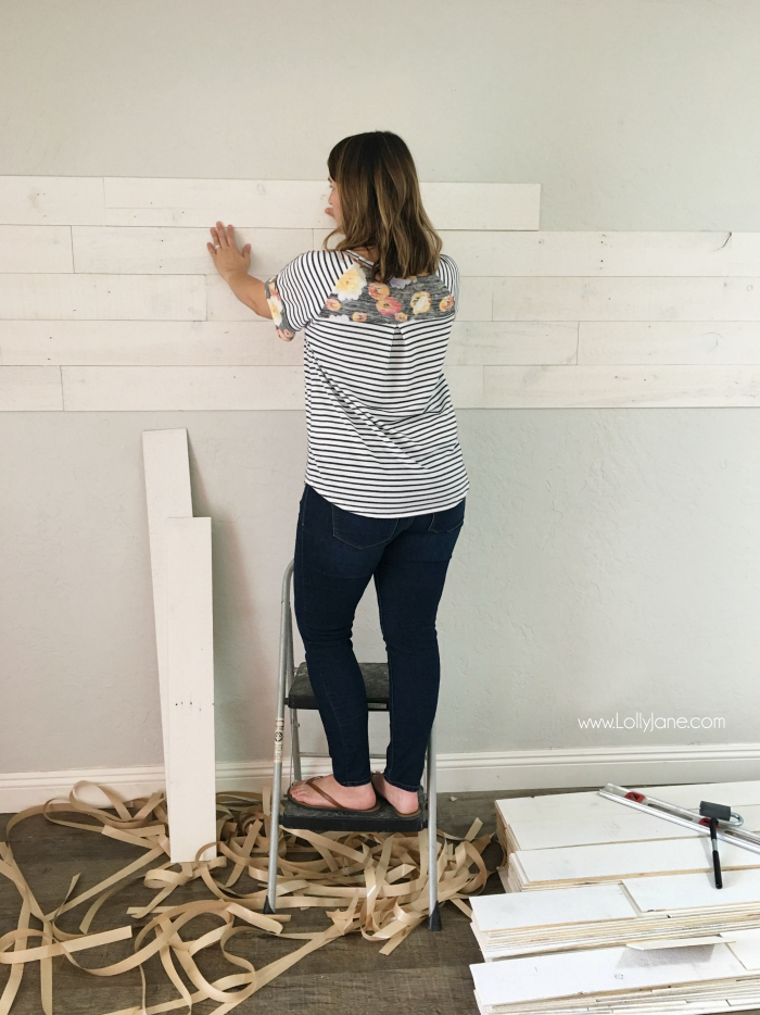 How to install reclaimed wood walls, so easy with the peel and stick shiplap!! Love this easy wall treatment!