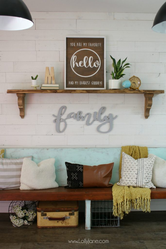 The easy way to make farmhouse shelves! Love these rustic corbels stained with a matching piece of wood, so easy to create this farmhouse entryway shelf!