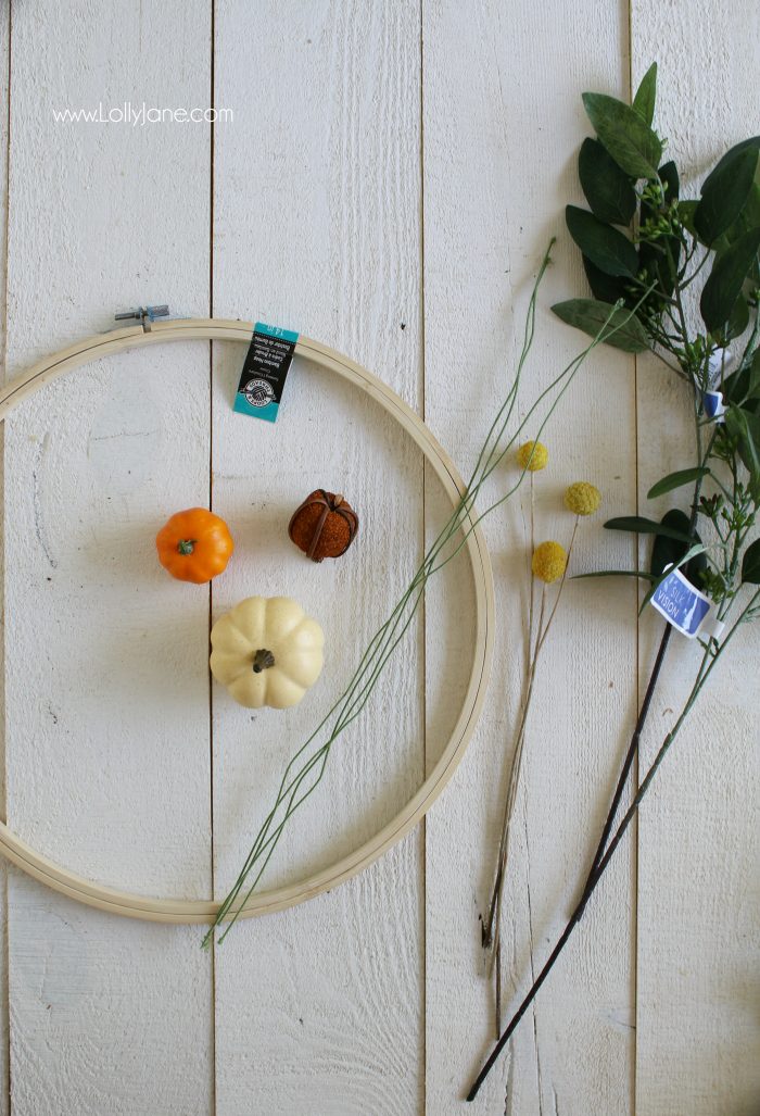 DIY Pumpkin Embroidery Hoop Wreath | Check out how easy it is to make this darling fall embroidery hoop wreath! Make this cute fall wreath in less than 5 minutes! Love this easy fall craft idea, such cute fall decor for your home!