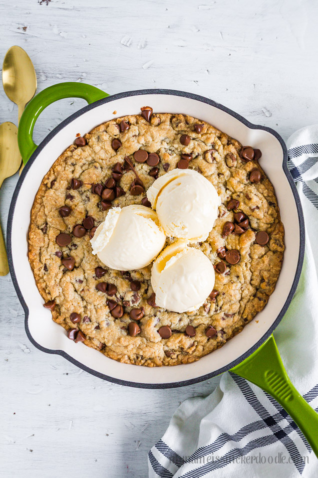 Quick Chocolate Chip Skillet Dessert, simple recipe and top a la mode for the full effect!