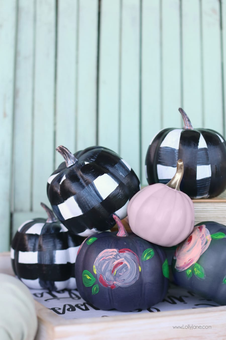 Easy DIY Buffalo Check + Floral Acrylic Painted Faux Pumpkins, so cute!