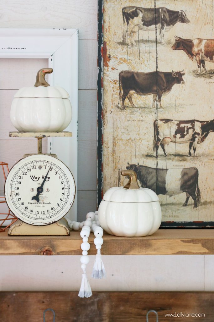 Decorate your Entryway Mantel EASILY with vintage items paired with new! Love these ceramic pumpkin lidded bowls that double as decor!