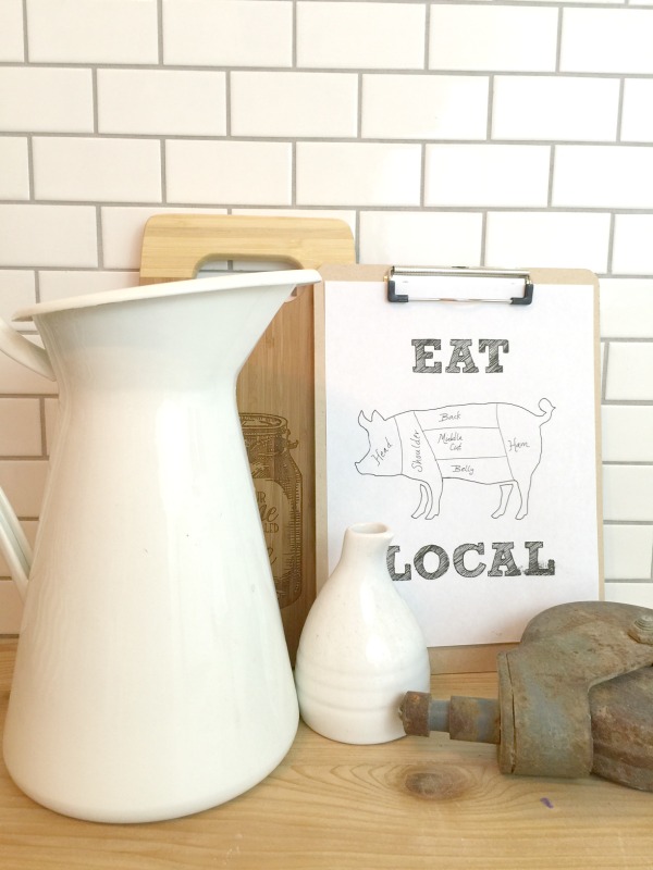 Fun eat local free farmhouse kitchen printable. Such a fun farmhouse kitchen print for your home!