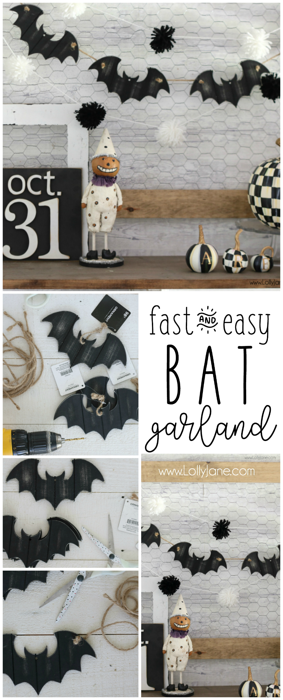 Easy (and versatile) Halloween Garland tutorial, made from bat ornaments! Perfect for spooky mantels, displays, on the porch, or for parties. Very easy kid-friendly craft!