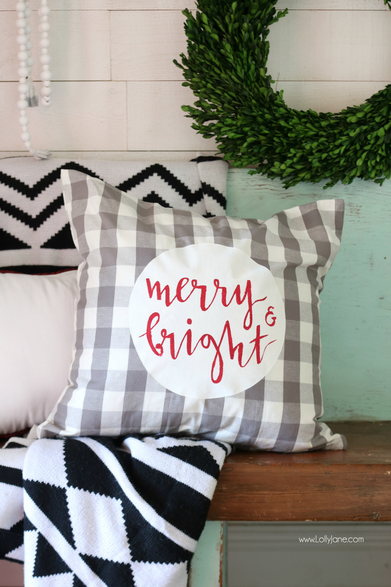 Easy to make Merry & Bright stenciled pillow cover!