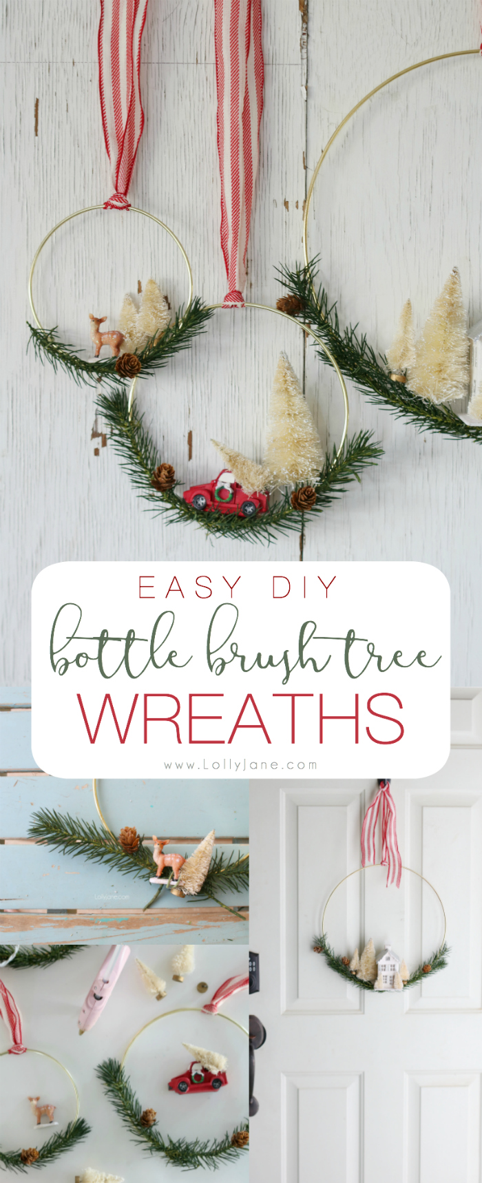 Easy DIY Bottle Brush Tree Wreaths. Perfect to display at Christmas time. So cute! Easy to make in less than an hour!