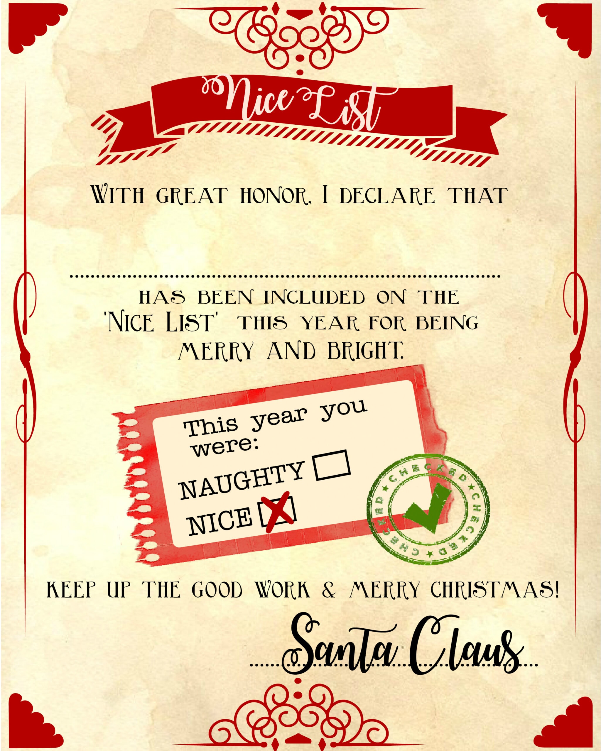 Santa "nice list" free printable certificate