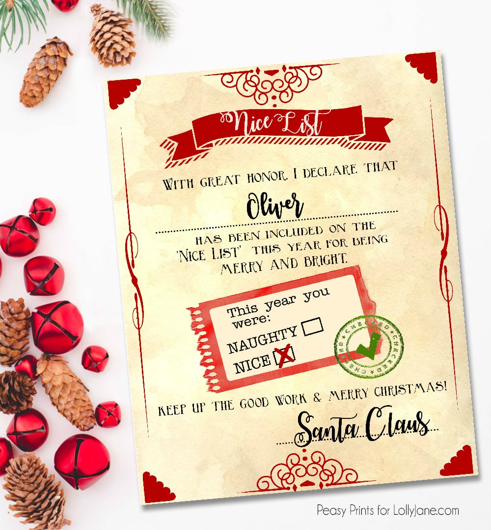 Santa "nice list" free printable certificate