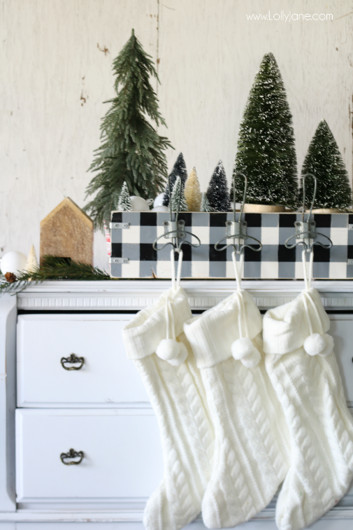 DIY buffalo check stocking hanger tutorial, love this easy DIY! Black white Christmas decor style, love this simple Christmas decor!