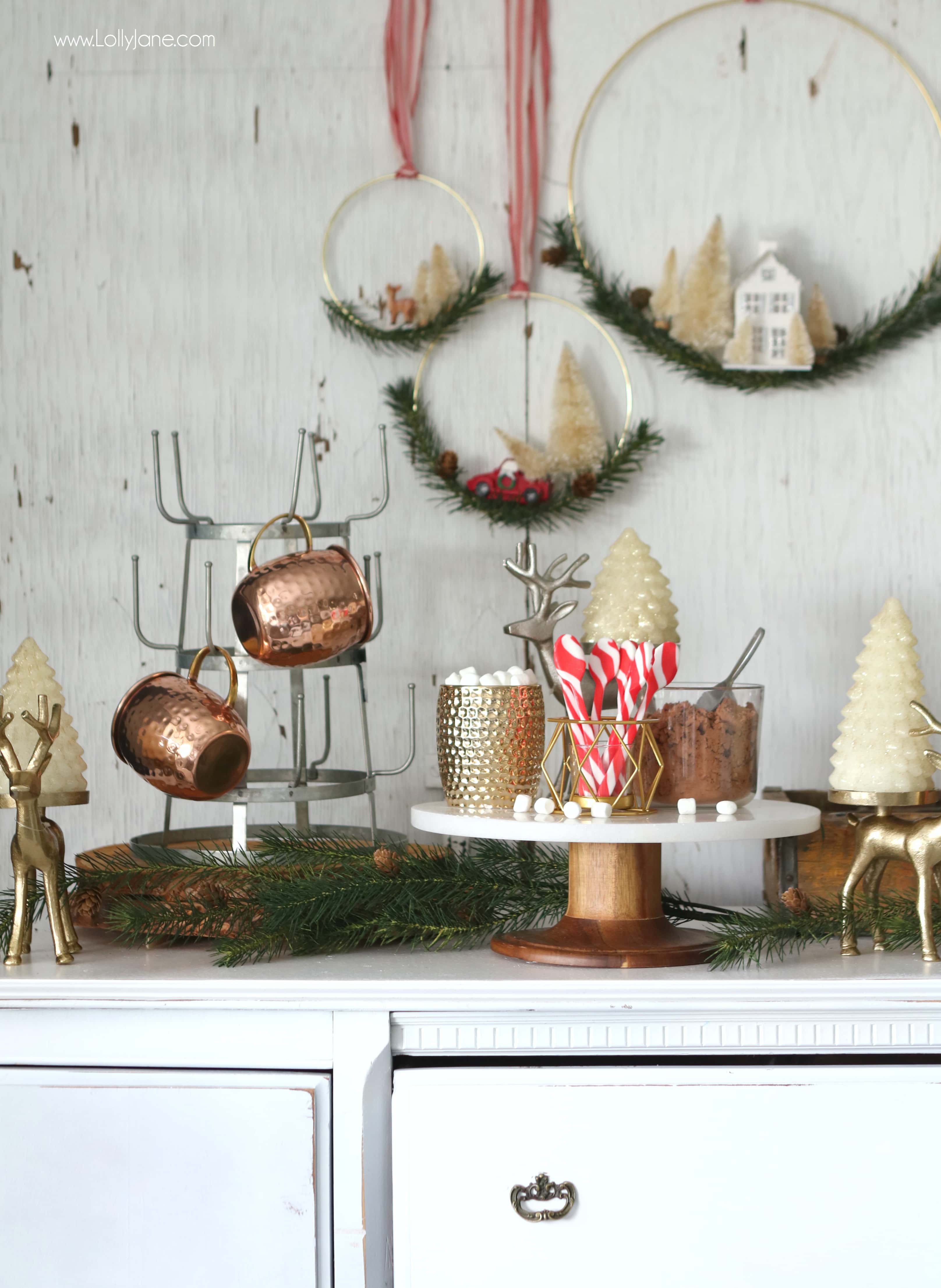 easy hot chocolate station ideas - Glam Rustic Hot Chocolate Bar, so easy to set up! Leave it up all winter for little and big hands to grab and go!