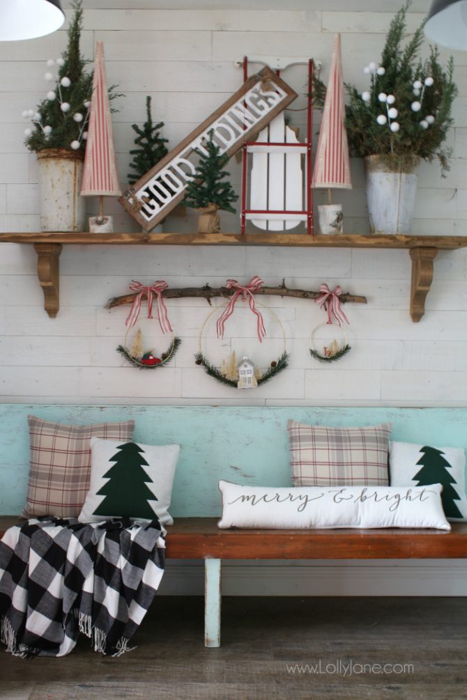 DIY Christmas mantel sled sign trees decor ideas - Lolly Jane