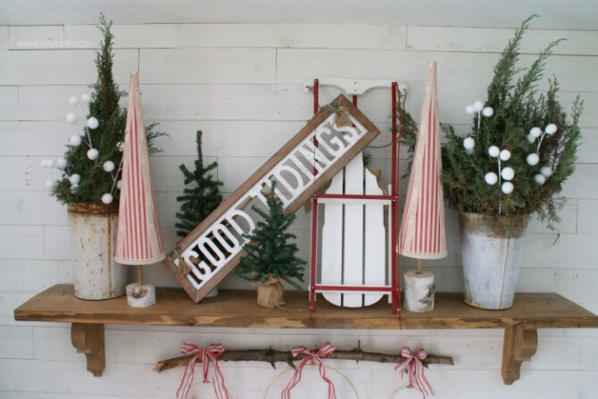 DIY Christmas mantel sled sign trees decor ideas - Lolly Jane