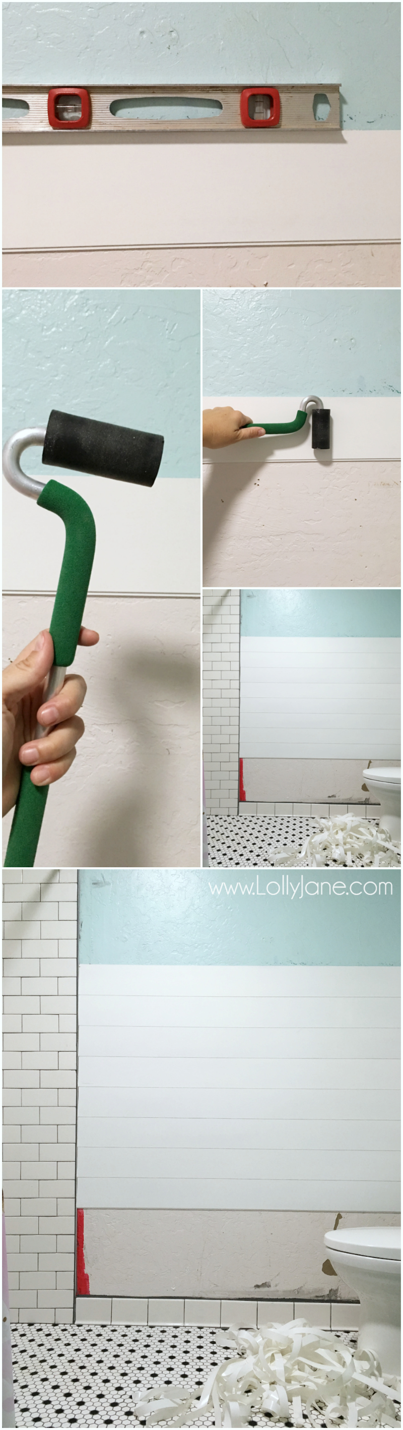 How to install peel and stick shiplap wall treatment. This peel and stick shiplap is so easy to apply, just cut to size and press to wall. Fun farmhouse bathroom remodel ideas!