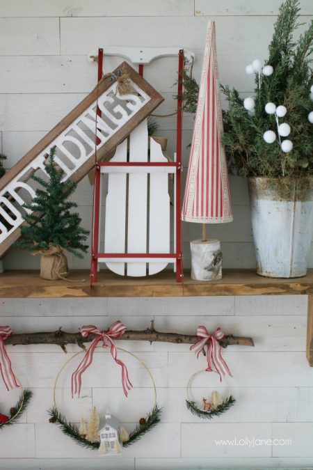 DIY Christmas mantel sled sign trees decor ideas - Lolly Jane